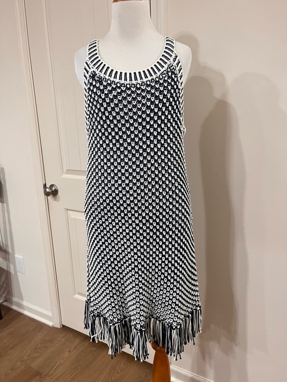 Navy and White Knit Fringe Tank Dress